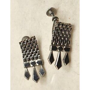 Silver Tone Metal Mesh Design Screw Back Earrings WIth Dangles